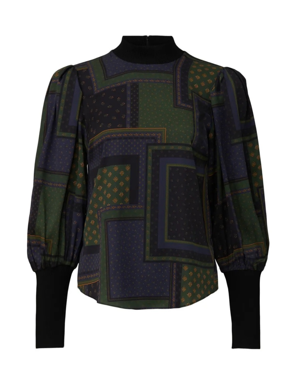 Veronica Beard Patchwork Puff-Sleeve Blouse in Green & Navy